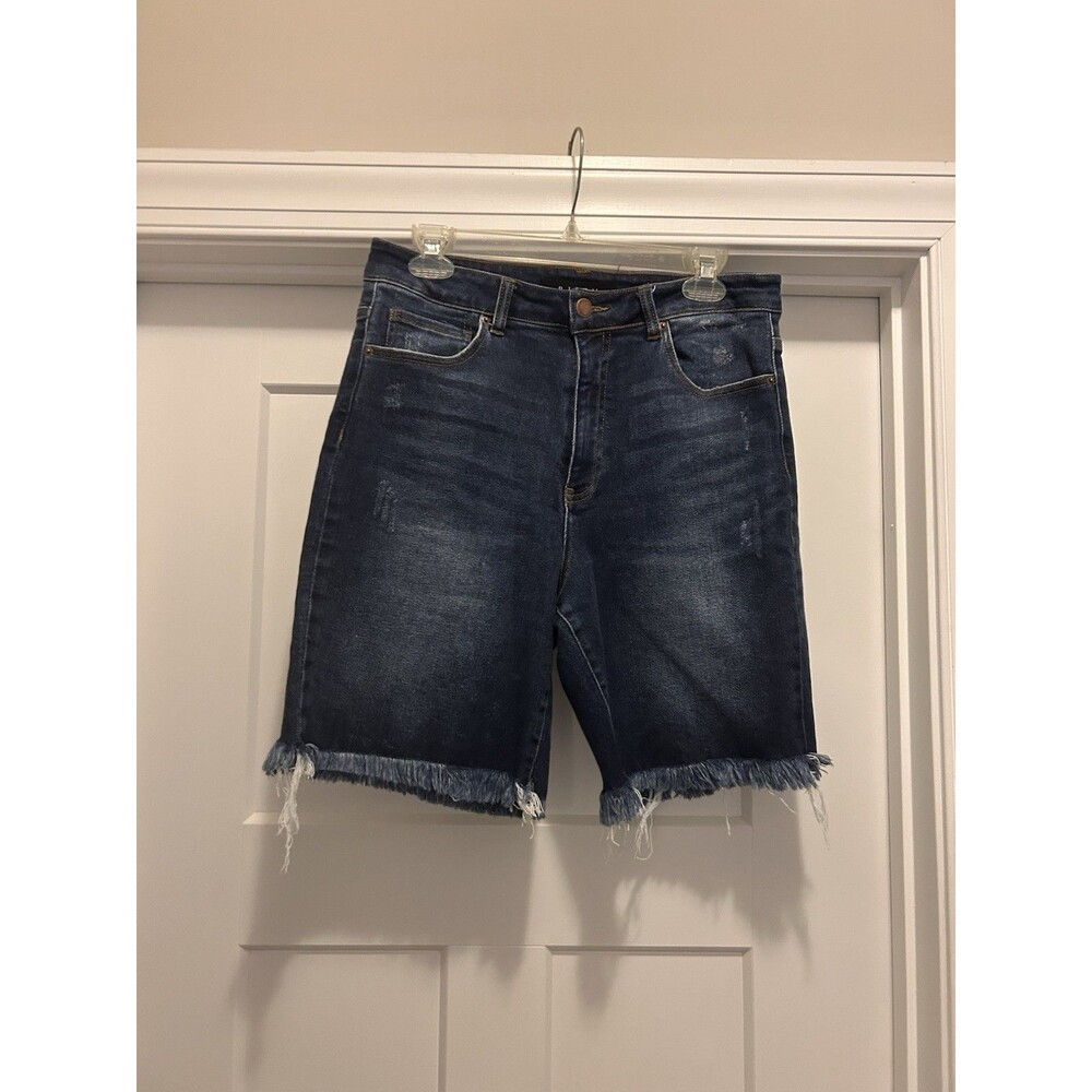 Risen Jeans Dark Wash Bermuda Shorts Women's Size Large Cut Off Stretchy Denim